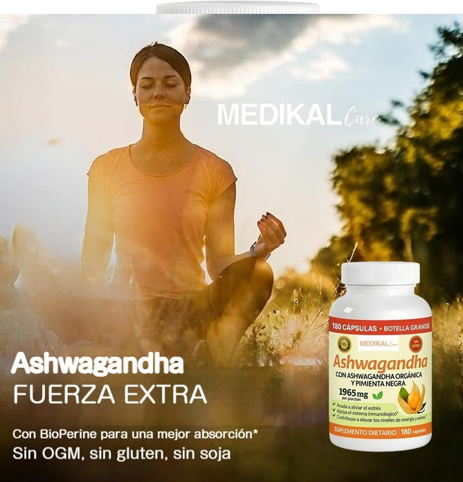 Ashwagandha orgánica de alta potencia con pimienta negra